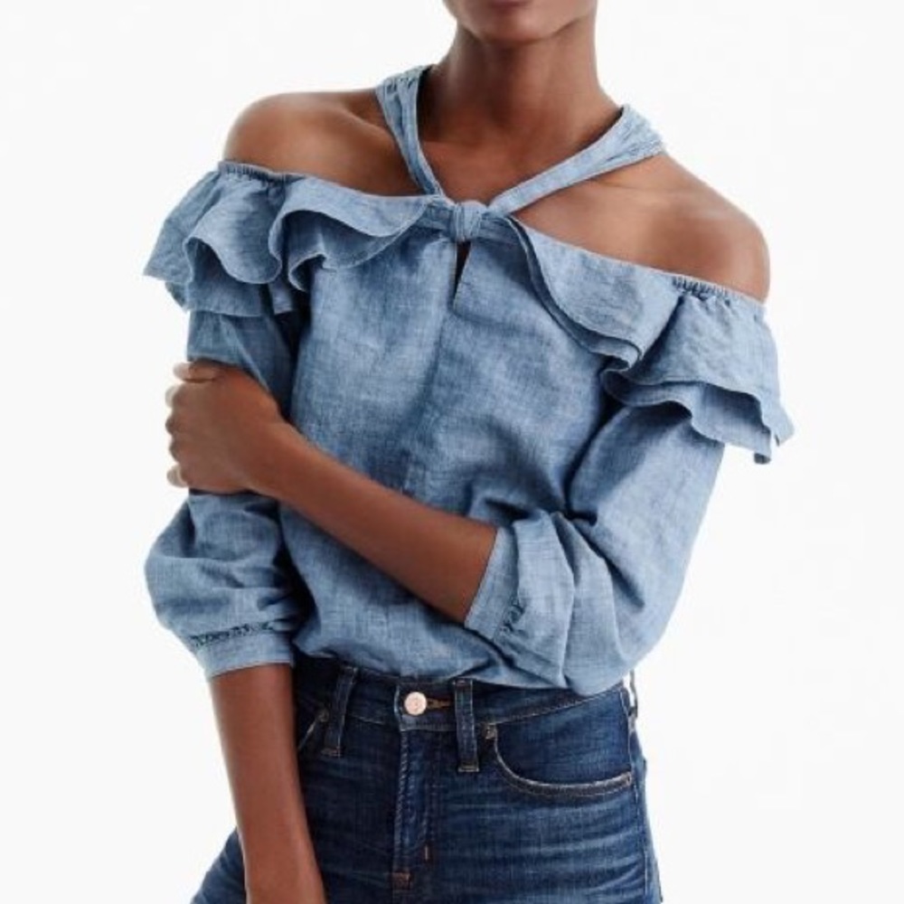 J Crew Halter Neck Off Shoulder Blue Chambray Long Sleeves Top, NWOT, Petite 0P